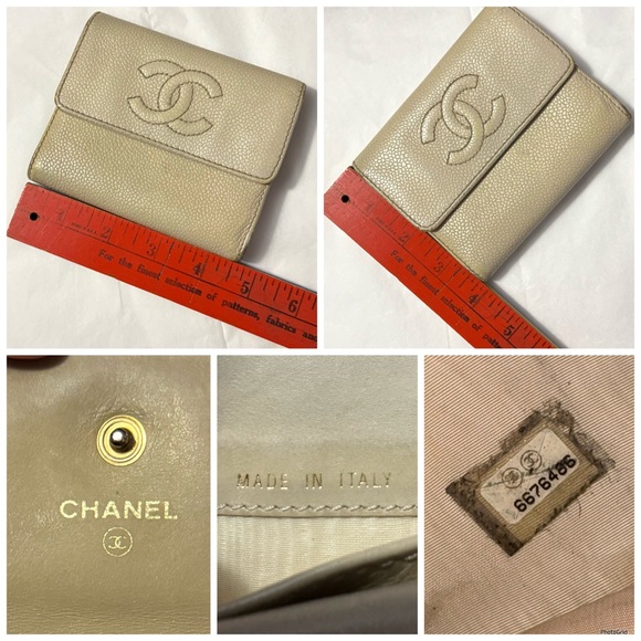 AUTHENTIC CHANEL Neutral Caviar Leather Interlocking C CC Vintage Logo Wallet - Picture 11 of 16